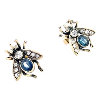 Antique Gold and Silver Bee Earrings With Sapphires and Diamonds, Pair For Sale