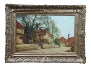 Alfred J Robertson Antique Oil Landscape Painting Village Scene Cityscape 35"