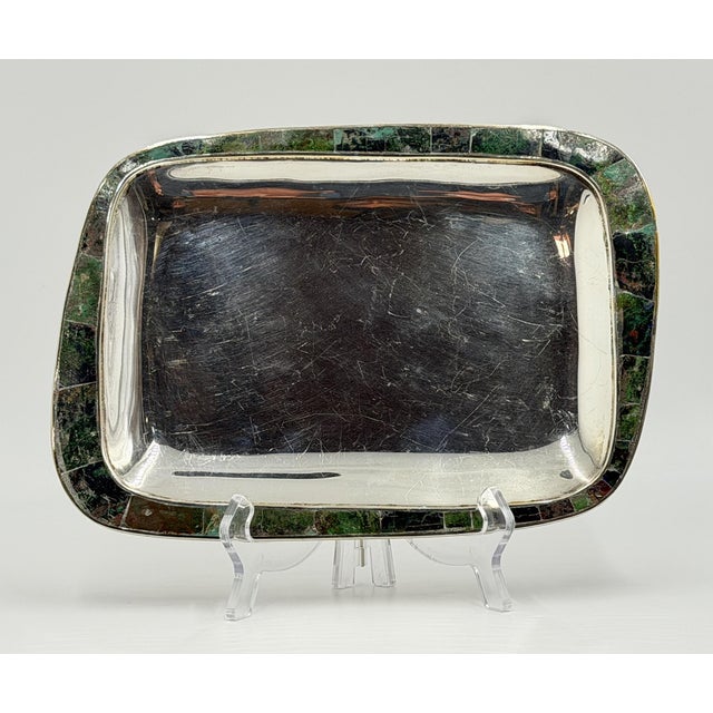 Mid 20th Century Los Castillo Taxco Azurite & Lapis Inlaid Silver Plated Tray, Mexican Modernist For Sale - Image 17 of 18