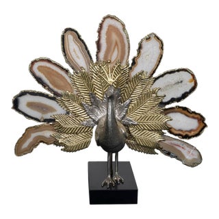 Brass and agate peacock sculpture with lights For Sale