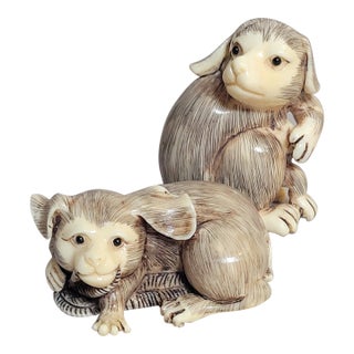 Pair of Carved Faux Ivory Dog Netsuke-Style Miniatures For Sale