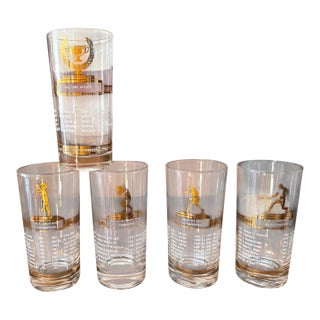 Vintage 1950s Sport Kings Gold Highball Glasses Set of 5 Collectible Sports Barware For Sale