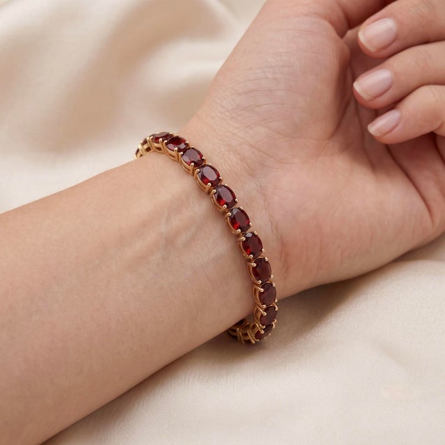 Not Yet Made - Made To Order Natural Garnet Tennis Bracelet | Oval Red Gemstone Bracelet | 18k Gold Plated Silver January Birthstone Jewelry For Sale - Image 5 of 5