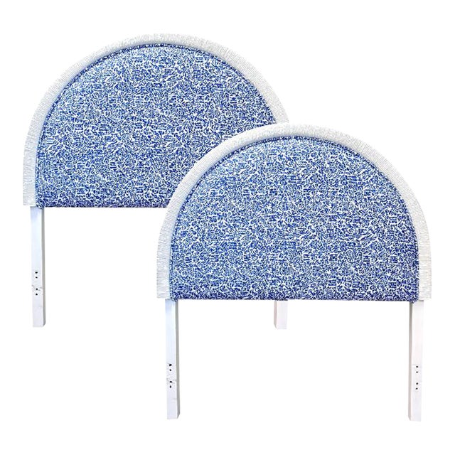 Pair of Arch-Top Woven Rattan Headboards Upholstered in Schumacher Fabric For Sale