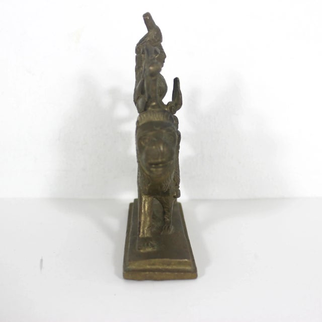 Vintage Brass Statue of Hindu Goddess Durga Riding a Lion a Symbol of Strength Protection and Motherhood Shiva For Sale - Image 4 of 9