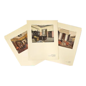 1925 Rare Set of 3-French Art Deco Interior Design Lithographs-Home Office, Studio, Documentation