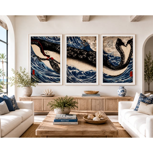 Not Yet Made - Made To Order Japanese Whale Triptych Reproduction, Coastal Nautical Art Print Set of 3, 20" X 30" For Sale - Image 5 of 9