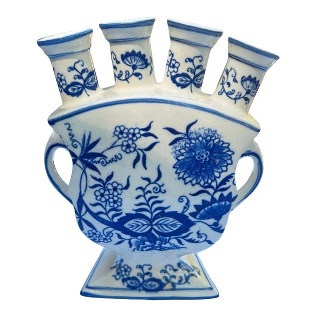 Vintage Delftware Style Blue and White Ceramic Tulipiere Vase For Sale