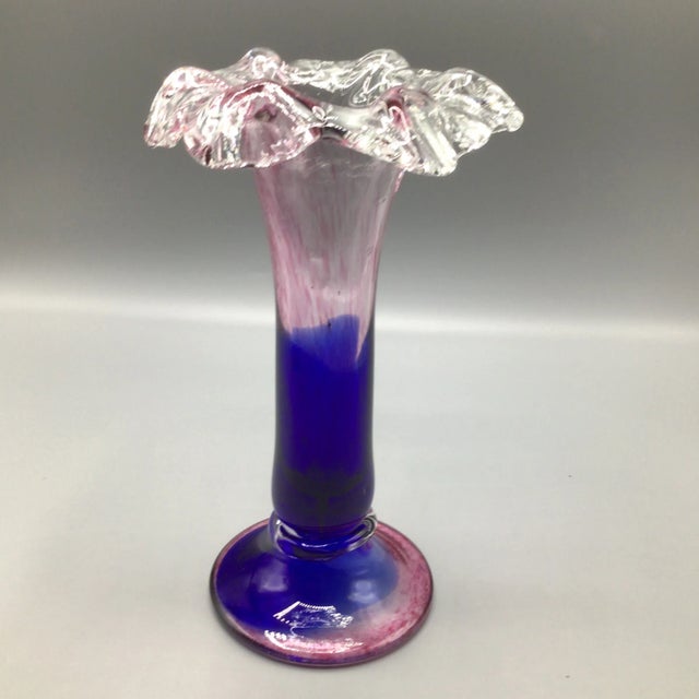 Murano Colbalt Blue With Pink Swirl Floral Studio Art Glass Vases - A Pair For Sale - Image 9 of 12