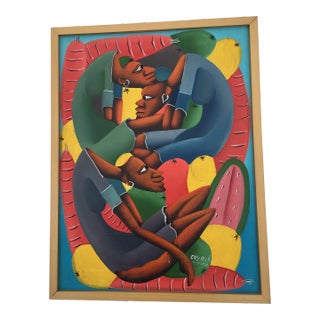 1980s Haitian Modern Cubist Style Figurative Oil Painting Signed Casimir For Sale