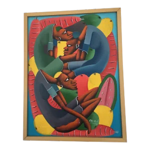 1980s Haitian Modern Cubist Style Figurative Oil Painting Signed Casimir