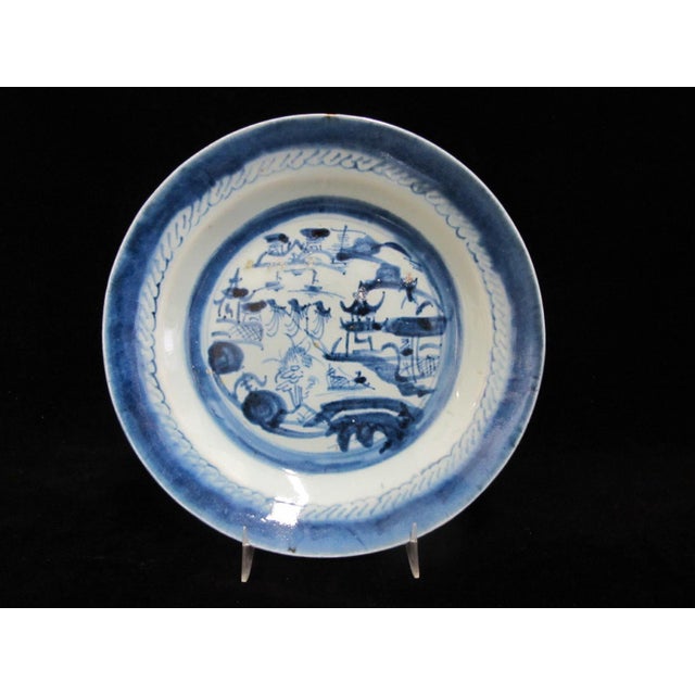 Late 19th Century Antique Chinese Canton Blue Export Village Scene Porcelain Soup Bowl 8 3/4" Set For Sale - Image 5 of 9