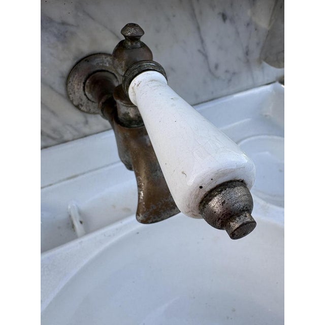 Wood Antique French Washstand in Pitch Pine and White Marble with Zinc Water Tank, 1900s For Sale - Image 7 of 17