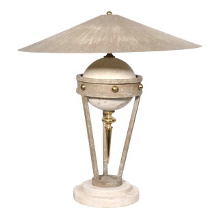 1990s Neoclassical Modern Micheal Taylor Travertine Cast Iron and Brass Sculptural Lamp For Sale