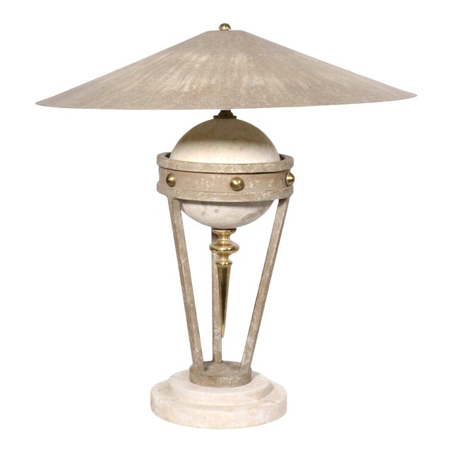1990s Neoclassical Modern Micheal Taylor Travertine Cast Iron and Brass Sculptural Lamp For Sale