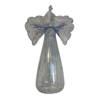 21 In. Tall Art Glass Clear Fluted Confetti Blue Speckled Flower Shaped Vase For Sale