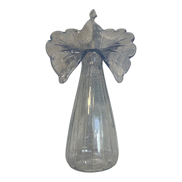 21 In. Tall Art Glass Clear Fluted Confetti Blue Speckled Flower Shaped Vase For Sale