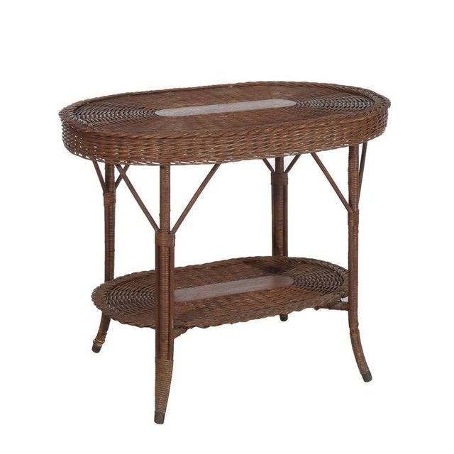 Brown Antique Heywood & Wakefield Arts & Crafts Wicker & Oak Table Signed C1920 For Sale - Image 8 of 16