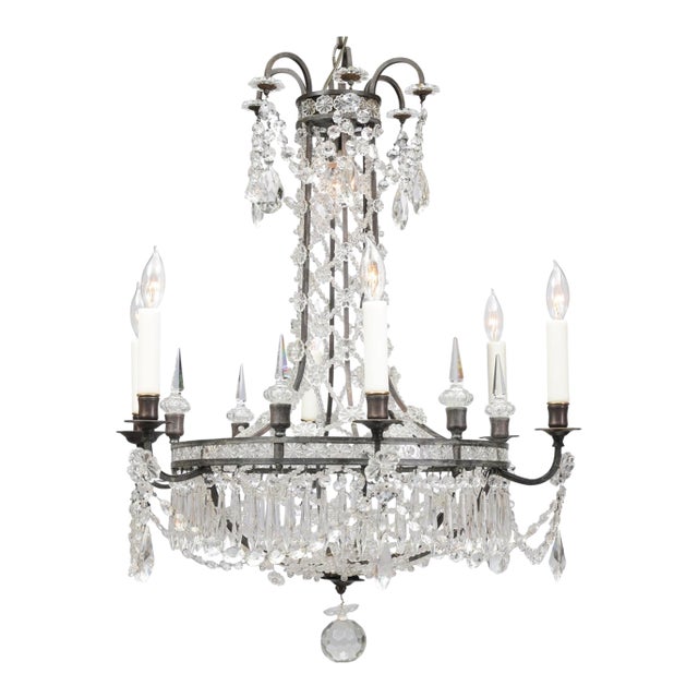 1940s Baroque Italian Bronze & Crystal Chandelier For Sale