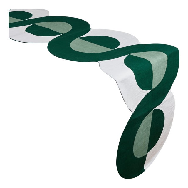 Misette Bauhaus Linen Embroidered Runner in Green For Sale