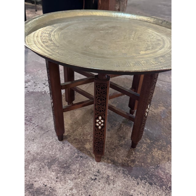 Antique Hand-Etched Brass Tray With Hand-Carved Walnut Wood Base and Mother-of-Pearl Inlay For Sale In Los Angeles - Image 6 of 10