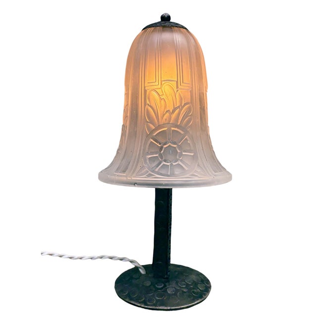 Antique 1920s French Art Deco Accent Lamp Mushroom Shaped With Clear Frosted Glass Shade and Forged Black Iron Base #2659 For Sale In Los Angeles - Image 6 of 7
