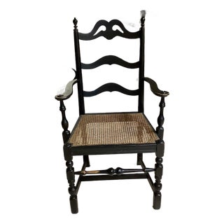 Antique Art Nouveau Ladderback Black Dining Side Desk Hall Arm Chair W/Cane Seat 41“ Tall For Sale