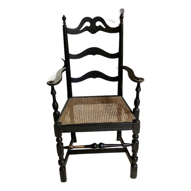 Antique Art Nouveau Ladderback Black Dining Side Desk Hall Arm Chair W/Cane Seat 41“ Tall For Sale