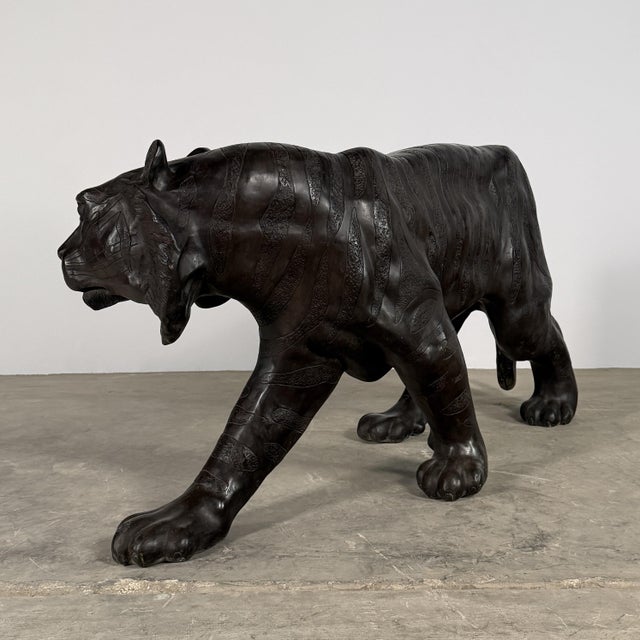Metal Near Life-Size Bronze Bengal Tiger Sculpture, 65” L – Walking Tiger Statue For Sale - Image 7 of 11