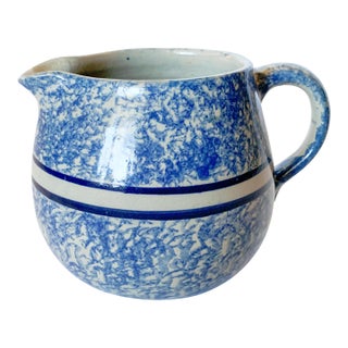 Vintage Spongeware Striped Blue and White Pitcher East Texas Attributed to Marshall Pottery For Sale