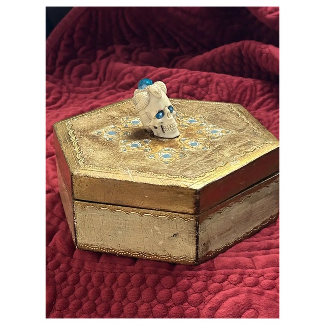 One of a kind vintage hexagon Florentine box with deer antler skull and natural Apatite gemstones. I brought the 3 unusual...