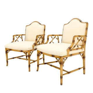 Pair Faux Bamboo New Virgin Wool Upholstery Lounge Arm Fire Side Chairs MINT! For Sale