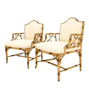 Pair Faux Bamboo New Virgin Wool Upholstery Lounge Arm Fire Side Chairs MINT!