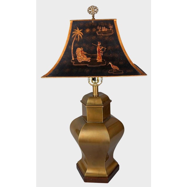 Chinoiserie Vintage Frederick Cooper Hexagonal Brass Urn Lamp With Relief Chinoiserie Tole Shade For Sale - Image 3 of 12