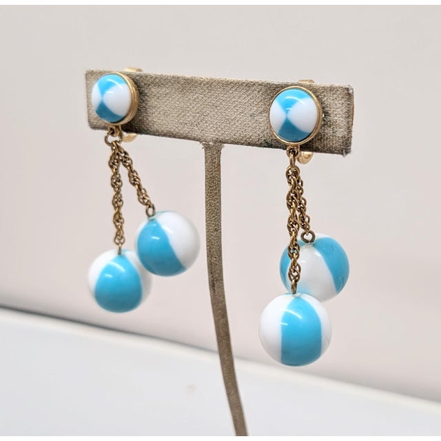 Vintage 1950s Signed Crown Trifari White & Turquoise Checked Drop Clip Earrings-2 Pieces For Sale In Philadelphia - Image 6 of 10