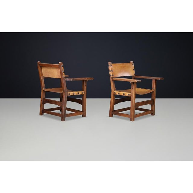 Spanish Beechwood Armchairs with Patinated Cognac Leather, 1950s, Set of 2 For Sale - Image 4 of 10
