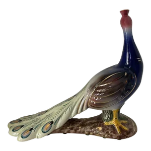 1960s Vintage Porcelain "Elpa Alobaca" Hand Painted Peacock Figurine Portugal