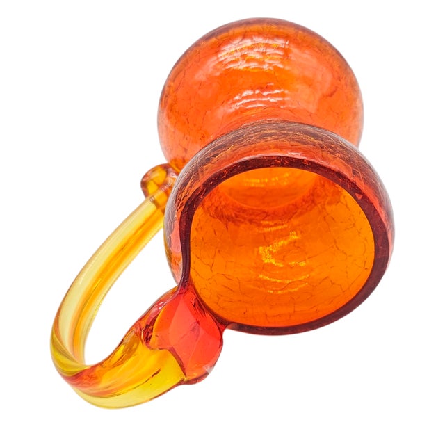 Tangerine Vintage Pilgrim Glass Tangerine Crackle Pitcher With Applied Yellow Handle, Hand Blown Usa For Sale - Image 8 of 9