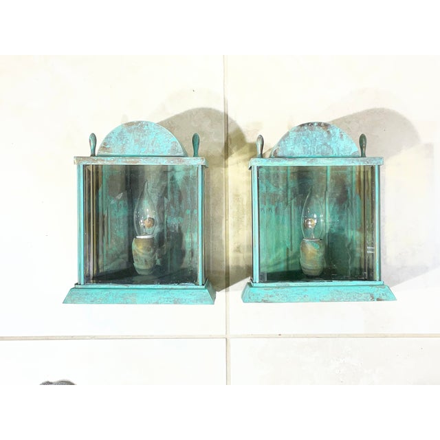 Vintage Verdigris Solid Brass Lanterns - Pair of Wall-Mounted Sconces For Sale - Image 12 of 13