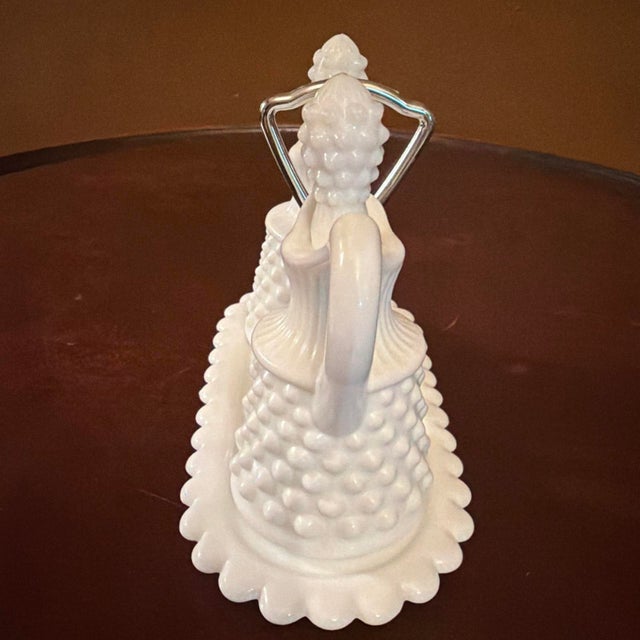 Mid-Century Modern Vintage Fenton Hobnail Milk Glass Oil Vinegar Cruet Set Center Metal Handle Tray For Sale - Image 3 of 8