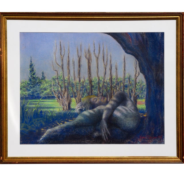 Ken Bower Surrealist "Sleeping Among the Trees" Pastel on Paper 1980 For Sale