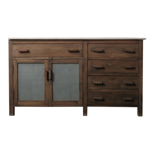 Rustic Wooden Marble Top Sideboard With Drawers & Frosted Panels For Sale