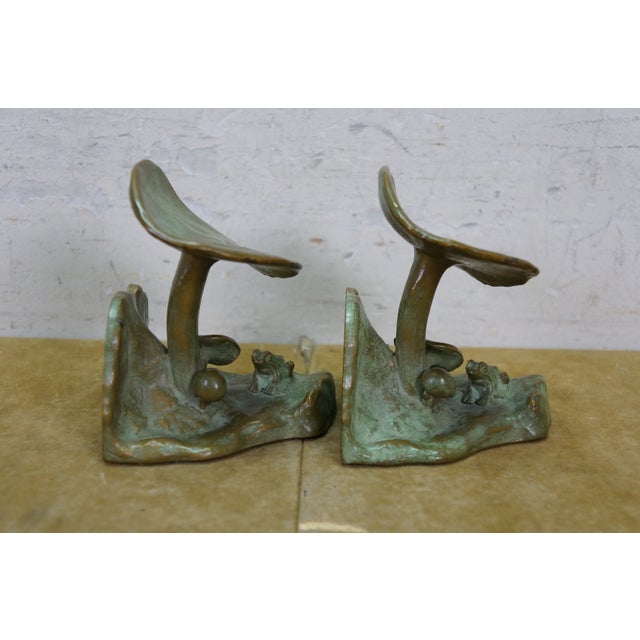 Metal Antique McClelland Barclay Art Deco Bronze Mushroom Frog Bookend Sculptures 4.5" For Sale - Image 7 of 13