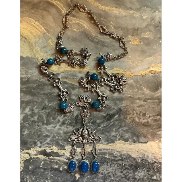 Vintage Ornate Silver Necklace With Blue Stones For Sale - Image 4 of 11