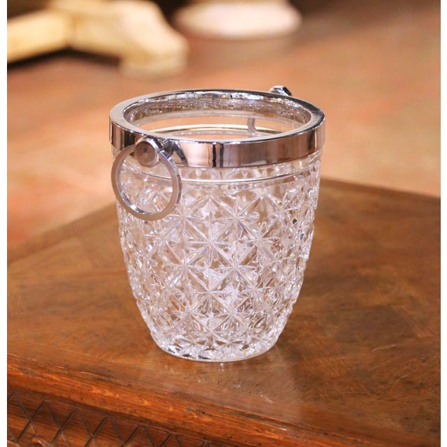 Mid-Century French Cut Crystal Ice Bucket With Silver Ring Handles For Sale In Dallas - Image 6 of 11