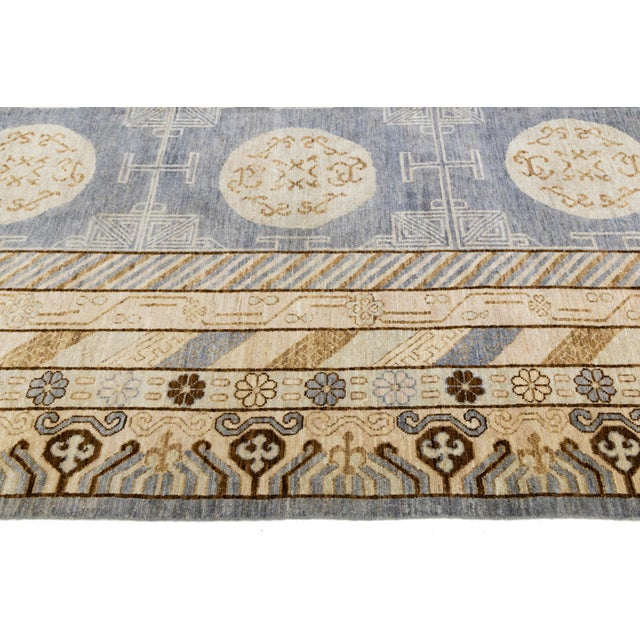 Textile Hand-Knotted Modern Khotan Wool Rug Muted Blue and Sand Medallion Pattern For Sale - Image 7 of 11