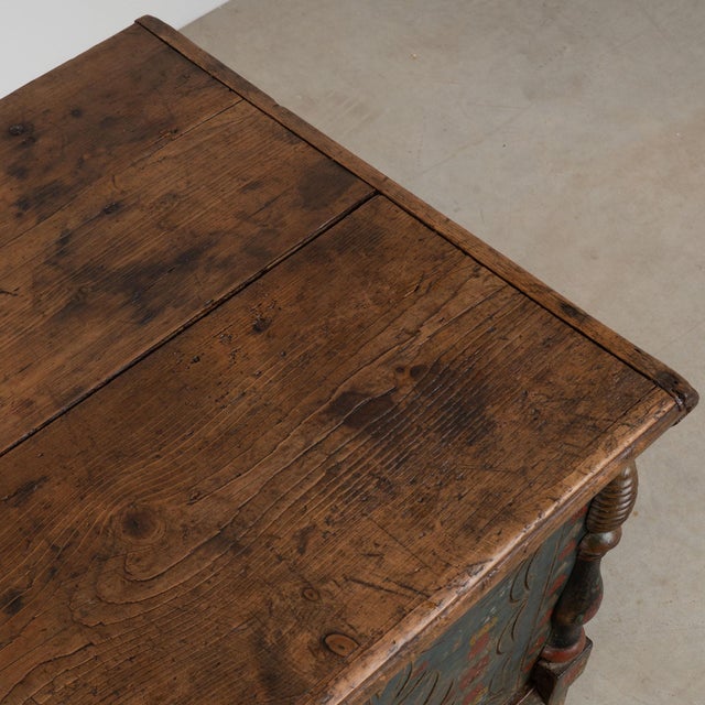 Wood 19th Century Blue Painted Carved Flat Top Trunk With Drawer From Hungary For Sale - Image 7 of 14