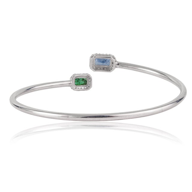 Metal Emerald & Blue Sapphire Toi Et Moi Open Cuff Bangle in Silver With Diamond Accents For Sale - Image 7 of 14
