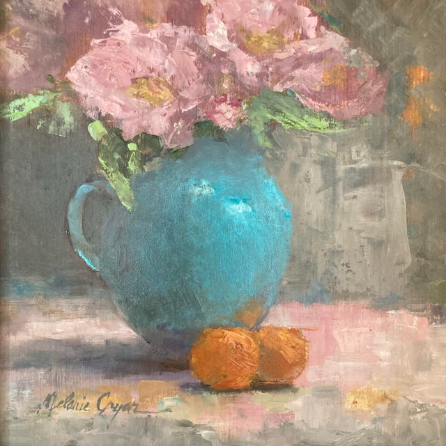 Beautiful original contemporary floral oil on board custom framed with black molding and gilt bead accent measures 20.5” x...