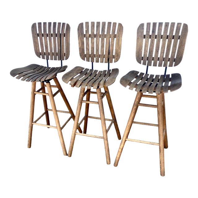 1950s Swivel Counter Stools Wood Slat in the Style of Arthur Umanoff- Set of 3 For Sale